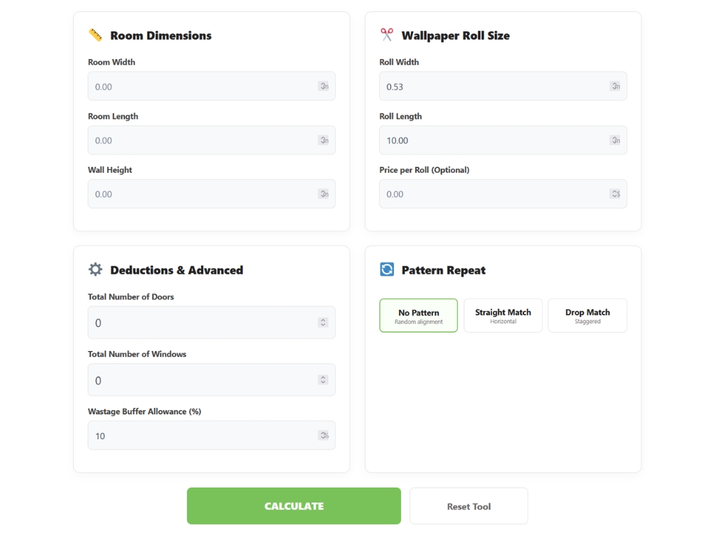 Free wallpaper calculator tool interface – enter room dimensions, roll size and pattern repeat